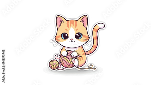 Adorable Cartoon Kitten with Ball of Yarn 1.