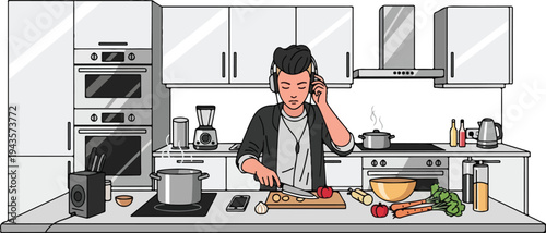 A person in a modern kitchen chopping vegetables while wearing headphones