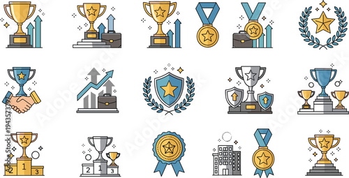 Flat vector illustration of trophies, medals, and awards with stars, representing achievement, success, and competition in business and sports.