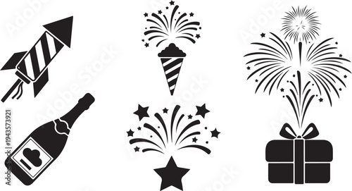 Celebration icons including fireworks, gifts, and party accessories