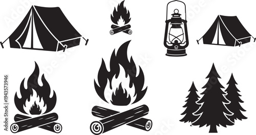 Camping icons and symbols for outdoor adventure travel