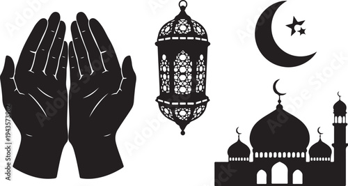 Ramadan Kareem Islamic Symbols and Prayer Hands Silhouette Illustration