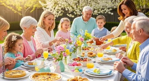 Happy multi-generational family enjoying Easter brunch together outdoors