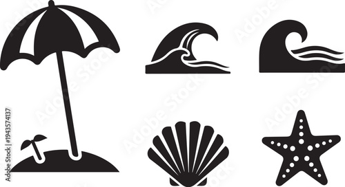 Beach icons including umbrella, waves, shell, and starfish symbols