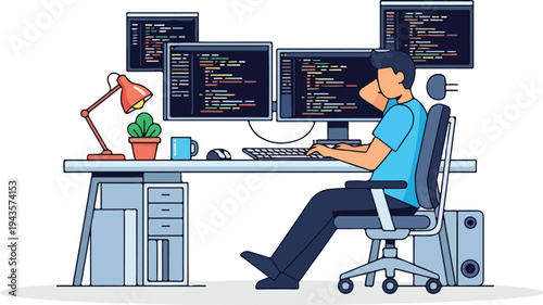 A person sits at a desk coding on multiple monitors A lamp plant mug are on the desk A computer tower is near the chair