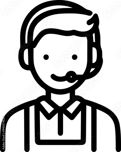 Hand Drawn Male Customer Service Agent Black and White Avatar Illustration in Minimal Line Art Style Design