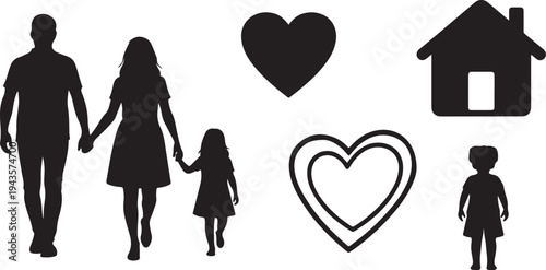 Family Love Silhouettes with Heart Home Icon Symbols