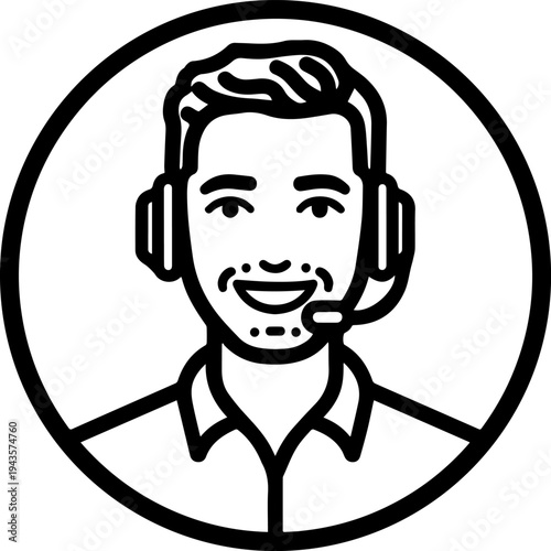 Hand Drawn Male Customer Service Agent Black and White Avatar Illustration in Minimal Line Art Style Design