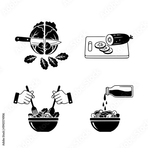 salad preparation process black outline icons chopping vegetables mixing salad pouring dressing