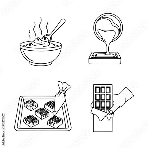 chocolate making process black line icons melting chocolate pouring mold dessert vector set