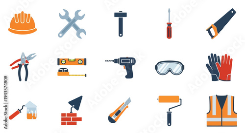 Collection of colorful construction tools arranged on a white background