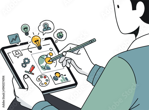 A person sketches on a tablet with a stylus surrounded by graphic icons including light bulbs graphs and social media symbols