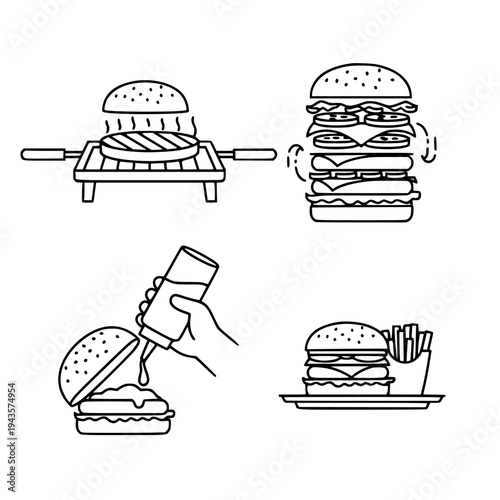 burger making process black line icons grilling patty assembling burger vector set isolated on white