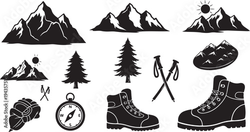 Hiking and camping icons in black and white style