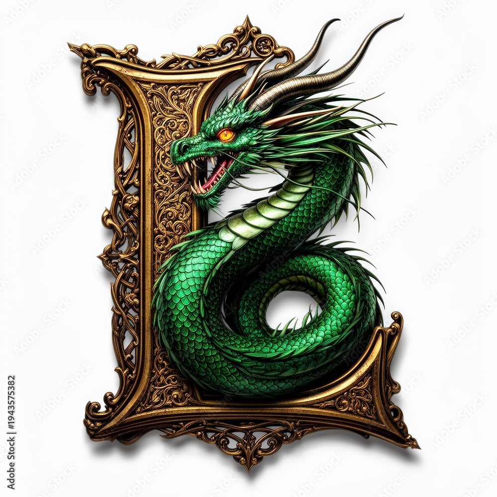 Fototapeta premium letra L, dragones, arte, caracter, china, designio, ilustración, antifaz, decoraciones, animal, símbolo, vector, asia, dorada, color, sien, moda, religiones, escultura, antique, adorno, cultura, estat