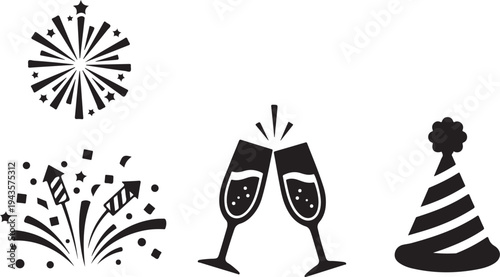 New Year's Eve Celebration Icons and Party Symbols Together