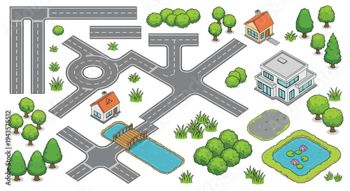 Isometric city elements including roads houses water and vegetation