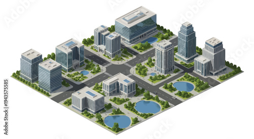 Isometric cityscape illustration featuring modern buildings and small water features