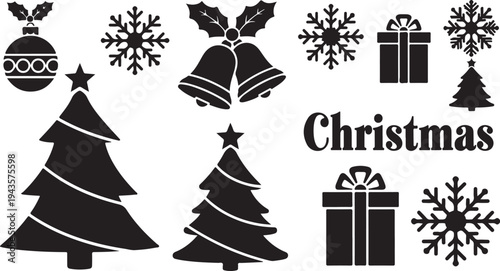 Christmas icons and symbols in black and white design