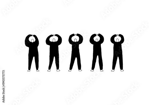 頭の上で丸を作る人物のゆるい手描きイラストセット（黒）