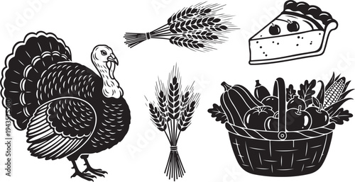 Thanksgiving icons including turkey, wheat, cheese, and vegetable basket
