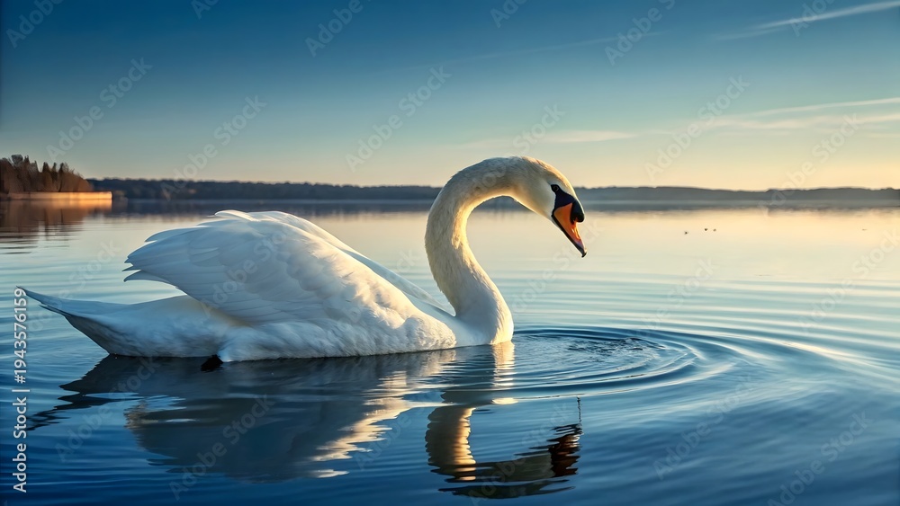 Obraz premium Majestic White Swan Floating Gracefully on Calm Lake at Sunrise, Serene Nature Beauty