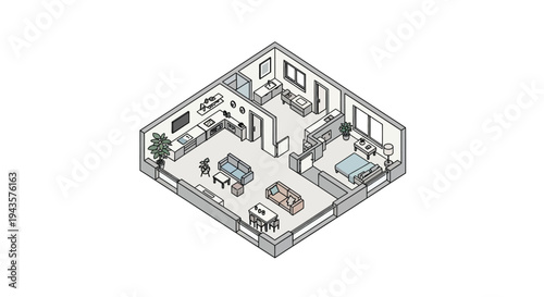 Isometric illustration of a modern apartment floor plan with furniture