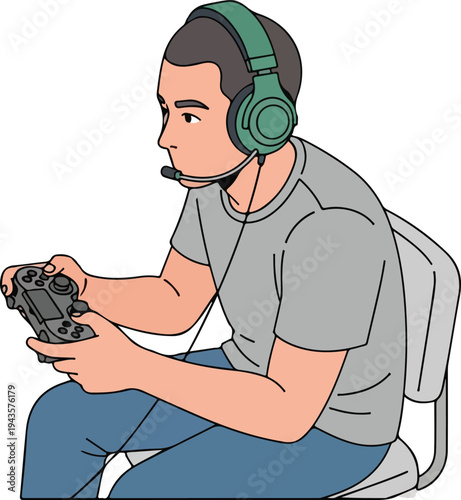 A person with a headset is playing video games seated with a controller in casual clothing