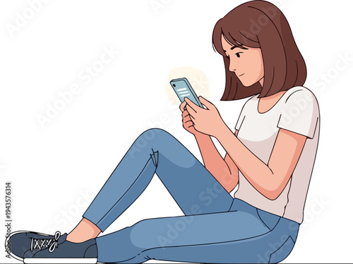 A person with brown hair sits using a phone They wear a white shirt blue jeans and sneakers