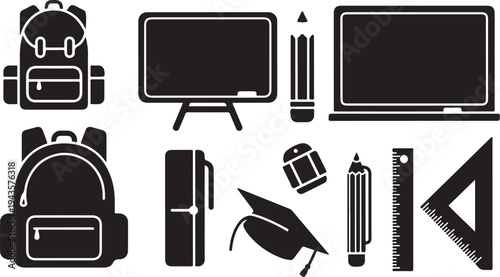 School supplies and education icons in black and white