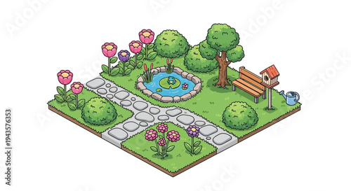 Isometric garden scene with a pond flowers trees and a wooden bench