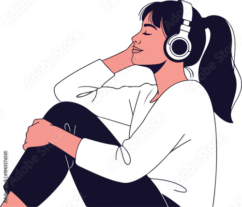 A person with dark hair headphones and closed eyes is sitting with hands on knees and head