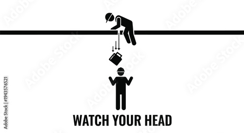 A stick figure is lowered from a line warning of falling objects