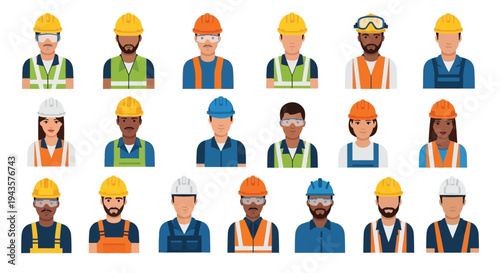 Diverse group of construction workers and engineers wearing safety gear