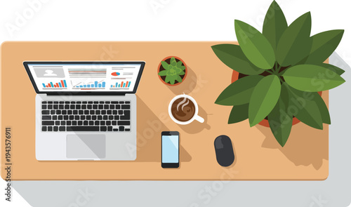 A topdown view of a lightbrown desk with a laptop plant succulent cup smartphone and mouse
