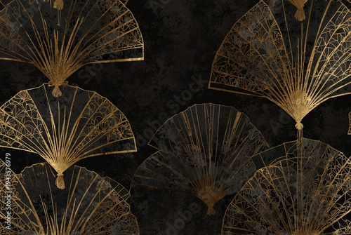 Geometric gold fan motifs repeating on a deep charcoal textured background, elegant Art Deco wallpaper pattern