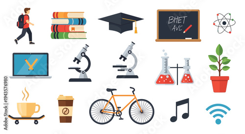 Colorful icons representing education science hobbies and modern lifestyle