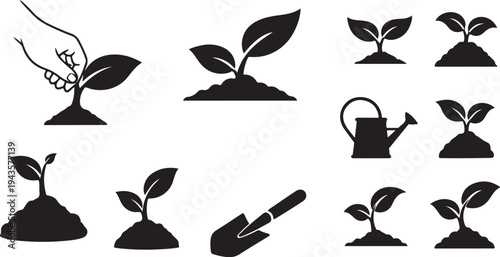 Gardening icons with plants and tools in black silhouette