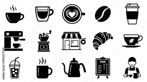 Collection of various black and white vector graphic icons representing popular coffee shop items including brewing equipment pastries and beverage containers
