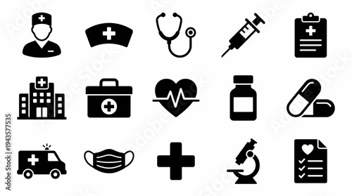 Collection of essential black and white medical and healthcare vector graphic icons representing professional care treatment equipment and hospital services