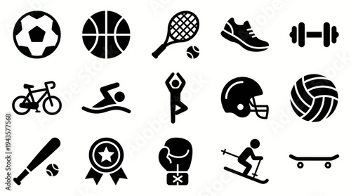 Collection of essential black vector sport equipment icons representing diverse athletic activities from fitness training to competitive team games and individual pastimes