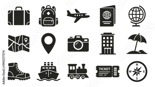 Collection of essential travel and vacation icons featuring transportation accommodation navigation and baggage symbols in a clean vector graphic style