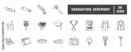 20 Graduation Ceremony Line Icon Illustration Set 