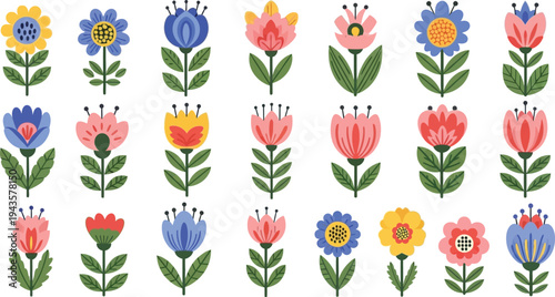 Set of 24 flat folk art flowers vector illustrations with colorful petals and green leaves