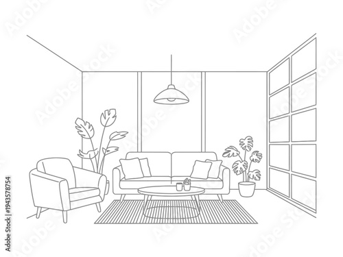 Living room interior layout sketch drawing outline.