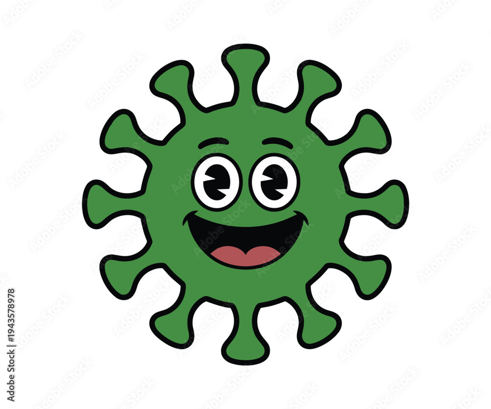 Fototapeta premium Smiling green microbe icon has happy expression.