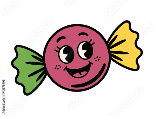 Wrapped pink candy treat has a cheerful face.