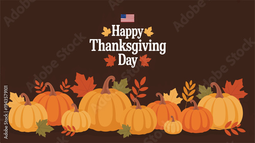A festive Thanksgiving Day celebration with pumpkins and leaves on a dark background.