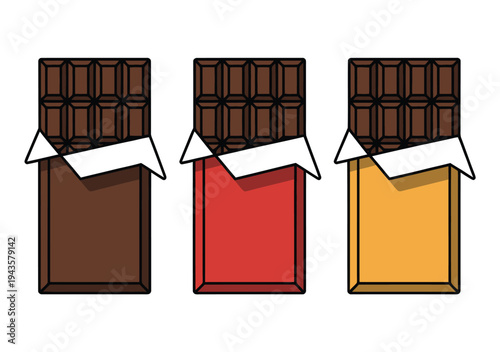 Three partially unwrapped chocolate bars show.