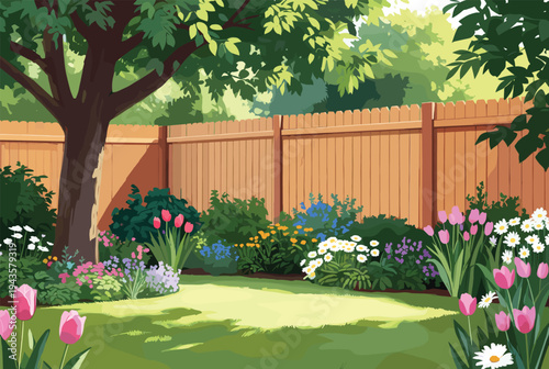 Beautiful backyard garden with colorful flowers, green lawn and wooden fence, flat vector landscape illustration for spring nature design, gardening themes and outdoor scenery